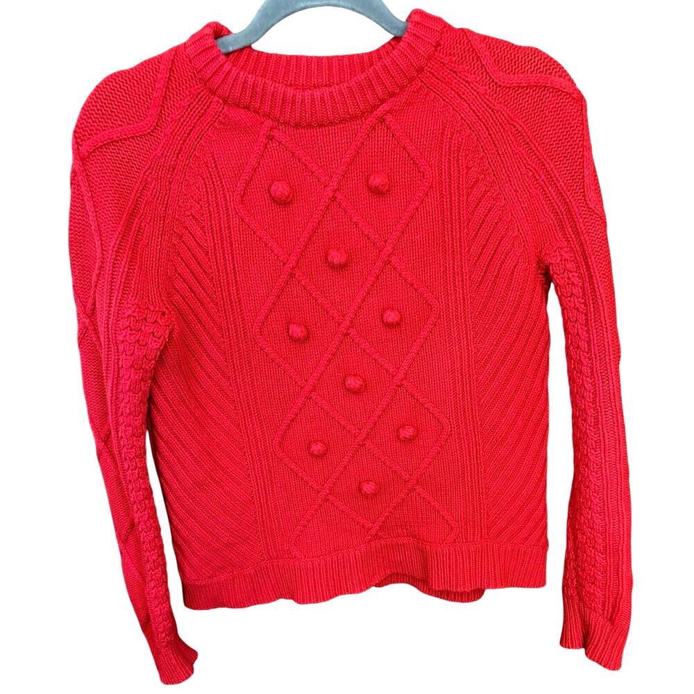 J.CREW Women’s Sweater Sz S Red Cable-Knit Bobble Crewneck Wool Raglan